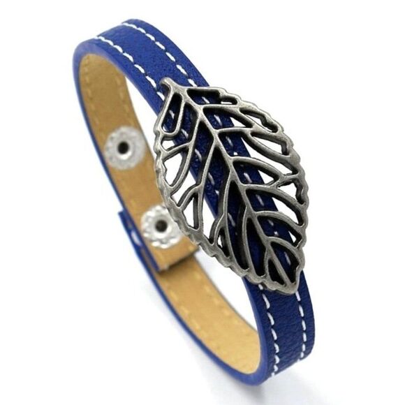 Blue Faux Leather and Silver Boho Leaf Adjustable Snap Closure Bracelet - Picture 1 of 7